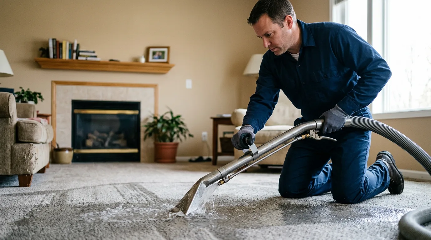 Water damage restoration technician working near Pecatonica, IL